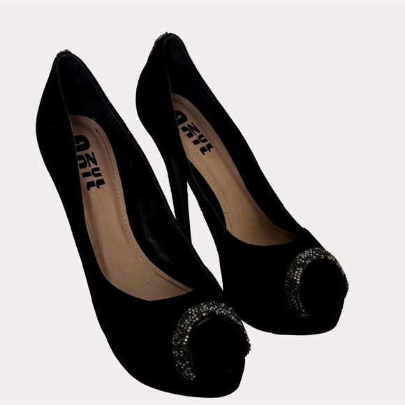 Azul Anil Preto Salto Alto Suede Peep Toe Stiletto Heels Shoes Black 10 am - Picture 1 of 8